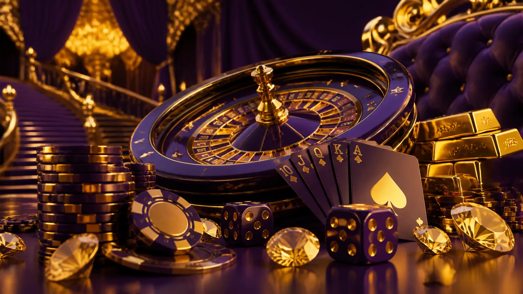 Cinematic banner featuring luxurious casino items like poker chips, diamonds, and glowing elements.